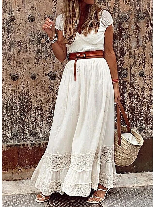 Women's Party Dress Lace Dress White Dress Long Dress Maxi Dress White Short Sleeve Pure Color Lace Spring Summer V Neck S M L XL XXL 3XL 4 Women's Party Dress Lace Dress White Dress Long Dress Maxi Dress White Short Sleeve Pure Color Lace Spring Summer V Neck S M L XL XXL 3XL - Image 2