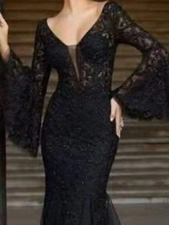 Women‘s Formal Party Dress Lace Dress Black Dress Long Dress Maxi Dress Black Long Sleeve Pure Color Lace Fall Spring Autumn V Neck Hot Winter Dress Evening Party 2023 S M L XL -Tesla Style kjnxth1599446731636
