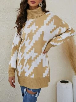 Women's Sweater Dress Winter Dress Jumper Dress Mini Dress Patchwork Ribbed Daily Date Vacation Active Fashion Turtleneck Long Sleeve 2023 Loose Fit Black Blue Khaki Color S M L XL Size -Tesla Style kjpkes1694087779515