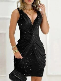 Women's Party Dress Homecoming Dress Cocktail Dress Mini Dress Black Red Sleeveless Pure Color Ruched Summer Spring Fall Deep V Fashion Summer Dress 2023 S M L XL 2XL