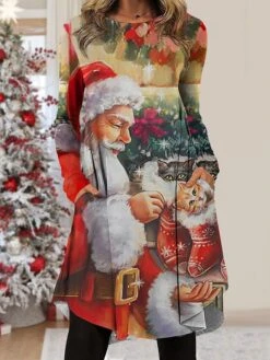 Women's Christmas Work Dress Casual Dress Fashion Winter DressDaily Midi Dress Pocket Print Crew Neck Long Sleeve Letter Santa Claus Regular Fit Black Wine Blue Fall Winter S M L XL XXL