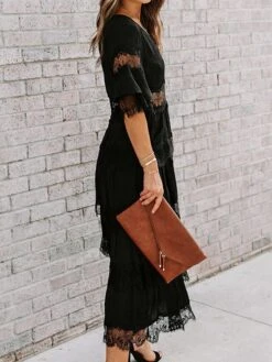 Women's Party Dress Lace Dress White Dress Midi Dress Black Pink White Half Sleeve Pure Color Lace Spring Summer V Neck S M L XL XXL -Tesla Style kkfras1630555189273