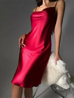 Women's Satin Dress Strap Dress Midi Dress Luxury Sexy Backless Split Solid Color Strap Party Lounge Black Champagne 2023 Summer Spring S M L XL -Tesla Style kklbpk1692858257861