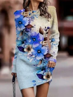 Women's Sweater Dress Winter Dress Jumper Dress Mini Dress Fashion Floral Outdoor Daily Date Going Out Crew Neck Long Sleeve Print 2023 Regular Fit Pink Blue Khaki S M L XL XXL 3XL -Tesla Style kknksw1694429062184