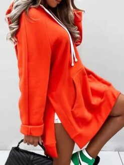Women's Casual Dress Hoodie Dress Plain Dress Mini Dress Pocket Split Outdoor Street Daily Active Fashion Hooded Long Sleeve 2023 Loose Fit Black White Orange Color S M L XL XXL Size -Tesla Style kkowhg1693558028406