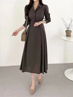 Women's Work Dress Semi Formal Dress A Line Dress Fashion Office Daily Workfashion Midi Dress Ruched Button Shirt Collar Long Sleeve Plain Loose Fit Black Brown Apricot Fall Winter S M L XL -Tesla Style kktcgk1695805445951