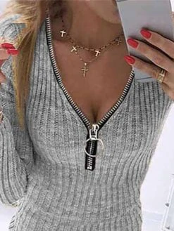 Women's Sweater Dress Jumper Dress Casual Dress Mini Dress Warm Pure Color Outdoor Casual Daily Going Out V Neck Long Sleeve Zipper 2023 Slim Gray S M L XL -Tesla Style kktfqq1695279237313