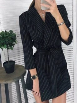 Women's Shirt Dress Casual Dress Sheath Dress Mini Dress Outdoor Office Business Polyester Classic Modern Shirt Collar Lace Up Print Long Sleeve Summer Spring Fall 2023 Loose Fit Black Striped S M L -Tesla Style kkxzux1677234553237