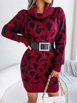 Women's Sweater Dress Jumper Dress Casual Dress Mini Dress Fashion Leopard Outdoor Daily Going Out Turtleneck Long Sleeve 2023 Loose Fit Black Wine Khaki S M L -Tesla Style kloblk1694756290359