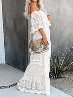 Women's Long Dress Maxi Dress Party Dress Lace Dress Swing Dress Floral Fashion Elegant Dress Daily Vacation Going Out Lace Mesh Half Sleeve Off Shoulder Dress Slim White Summer Spring S M L XL -Tesla Style klvizh1672990406106