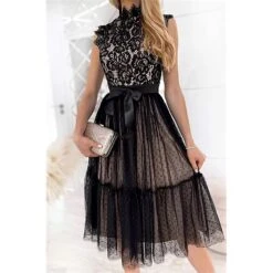 Women's Party Dress Lace Dress Homecoming Dress Midi Dress Black White Pink Sleeveless Pure Color Patchwork Summer Spring Fall Stand Collar Fashion Party Birthday Wedding Guest 2023 S M L XL XXL -Tesla Style klvzdv1676871836650