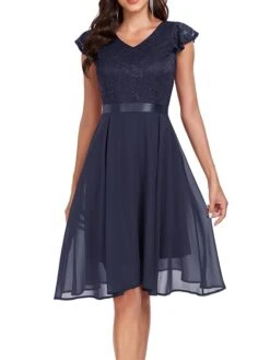 Women's Party Dress Lace Dress Cocktail Dress Midi Dress Pink Wine Navy Blue Short Sleeve Pure Color Lace Spring Fall Winter V Neck Fashion Winter Dress Wedding Guest Vacation 2023 S M L XL XXL -Tesla Style klwidu1692179079222