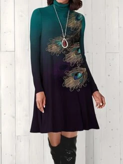 Women's Work Dress Casual Dress Fashion Winter Dress Daily Mini Dress Print Turtleneck Long Sleeve Dandelion Regular Fit Blue Dark Green Green Fall Winter S M L XL XXL