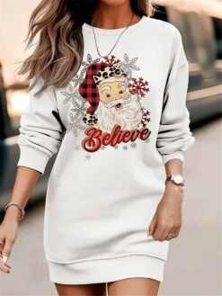 Women‘s Christmas Casual Dress Sweatshirt Dress Mini Dress Warm Fashion Outdoor Holiday Crew Neck Print Santa Claus Tree Loose Fit White Red Brown S M L XL XXL -Tesla Style kneadj1695096337222