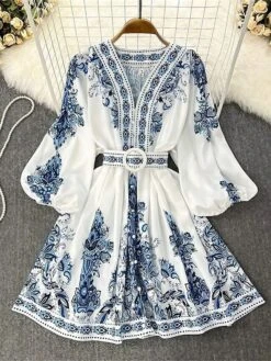 Women's Work Dress Semi Formal Dress A Line Dress Fashion Midi Dress Print V Neck Long Sleeve Floral Regular Fit Blue Summer Spring S M L XL