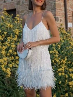 Women‘s Party Dress Fringe Dress Sequin Dress Mini Dress White Pink Blue Sleeveless Pure Color Sequins Winter Fall Summer Spaghetti Strap Party Party Weekend 2023 S M L XL XXL -Tesla Style knmbyz1660214315979