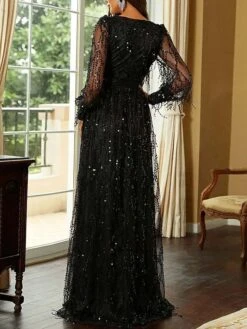 Women's Party Dress Sequin Dress Homecoming Dress Long Dress Maxi Dress Black Gold Long Sleeve Pure Color Sequins Fall Winter Autumn Deep V Modern Winter Dress Fall Dress 2023 S M L XL -Tesla Style kntwmb1693535277628