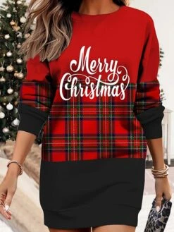 Women's Christmas Casual Dress Sweatshirt Dress Mini Dress Warm Fashion OutdoorVacation Crew Neck Print GeometricTree Print Loose Fit Black White Wine S M L XL XXL -Tesla Style knvvtv1695371448201