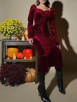 Women's Party Dress Velvet Dress Wedding Guest Dress Long Dress Maxi Dress Black Wine Blue Long Sleeve Pure Color Ruched Spring Fall Winter Square Neck Fashion Winter Dress Evening Party Wedding Guest -Tesla Style kojmbp1692675043078