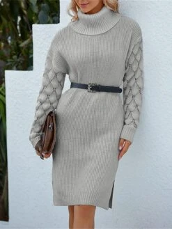 Women's Sweater Dress Winter Dress Jumper Dress Midi Dress Hollow Out Split Daily Date Going Out Active Fashion Turtleneck Long Sleeve 2023 Loose Fit Gray Color S M L XL Size -Tesla Style kojsgp1692931420321