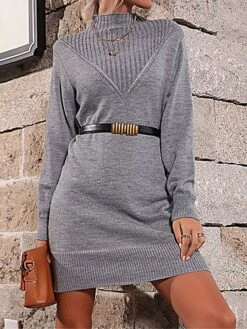 Women's Sweater Dress Jumper Dress Winter Dress Mini Dress Warm Plain Outdoor Daily Vacation Going Out Turtleneck Long Sleeve 2023 Loose Fit Gray S M L -Tesla Style kolfey1697711026778