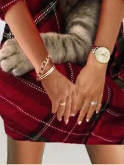 Women's Christmas Sweatshirt Dress Shift Dress Mini Dress Wine 3/4 Length Sleeve Animal Plaid Cat Print Winter Fall V Neck Vacation Casual 2022 S M L XL XXL 3XL -Tesla Style koljns1667282620575