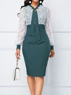 Women's Party Dress Lace Dress Bodycon Midi Dress Red Blue Green Long Sleeve Color Block Lace Spring Fall Winter Crew Neck Fashion Winter Dress Birthday Wedding Guest 2023 S M L XL XXL 3XL 4XL 5XL -Tesla Style koqtbs1692689051866