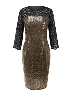 Women‘s Party Dress Sequin Dress Cocktail Dress Midi Dress Black Wine Dark Green 3/4 Length Sleeve Pure Color Sparkly Glitter Sequins Spring Fall Winter Crew Neck Fashion Wedding Guest Birthday -Tesla Style kornhi1691659611983