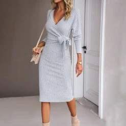 Women's Sweater Dress Winter Dress Jumper Dress Midi Dress Lace Up Daily Date Going Out Fashion Basic V Neck Long Sleeve 2023 Slim Green Dark Grey Beige Color S M L XL Size -Tesla Style kovnbf1697696846104