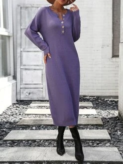 Women's Sweater Dress Jumper Dress Casual Dress Midi Dress Active Plain Outdoor Casual Holiday Vacation Crew Neck Long Sleeve Button 2023 Loose Fit Black White Purple S M L XL -Tesla Style kownal1697595532635