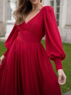 Women's Party Dress Cocktail Dress Wedding Guest Dress Long Dress Maxi Dress Wine Long Sleeve Pure Color Ruched Fall Winter Autumn V Neck Fashion Winter Dress Wedding Guest Birthday 2023 S M L XL -Tesla Style koxmoo1696077527015