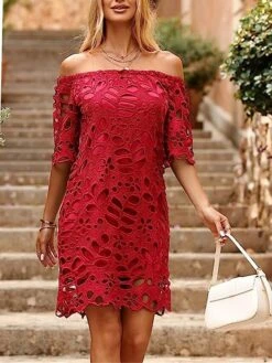 Women's Party Dress Cut Out Dress Cocktail Dress Midi Dress Black White Red Half Sleeve Pure Color Ruched Fall Winter Autumn Off Shoulder Fashion Winter Dress Wedding Guest Birthday 2023 S M L XL -Tesla Style kpkjua1696490243713