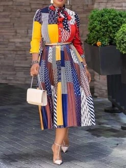 Women's Sheath Dress Swing Dress Church Dress Midi Dress Rainbow 3/4 Length Sleeve Color Block Patchwork Fall Winter Autumn Crew Neck Vacation 2023 S M L XL XXL -Tesla Style kpvnmk1653293348065