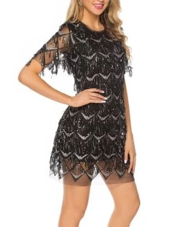 Women‘s Party Dress Fringe Dress Sequin Dress Homecoming Dress Mini Dress Black Champagne Short Sleeve Pure Color Sparkly Glitter Sequins Spring Fall Winter Crew Neck Fashion Winter Dress -Tesla Style kpylzw1692690729484