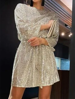 Women's Party Dress Sequin Dress Black Dress Homecoming Cocktail Dress Mini Dress Silver White Long Sleeve Pure Color Sparkly Glitter Lace Up Winter Dress -Tesla Style kqnhlx1694504478155