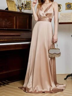 Women's Prom Dress Party Dress Satin Dress Long Dress Maxi Dress Champagne Pink Red Sleeveless Pure Color Backless Spring Fall Winter Spaghetti Strap Fashion Winter Dress Evening Party Wedding Guest -Tesla Style kqnnbh1692079378277