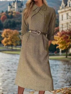 Women's Work Dress Casual Dress Sheath Dress Fashion Winter Dress Office Daily Midi Dress Button Pocket Shirt Collar Long Sleeve Plain Loose Fit Khaki Fall Winter S M L XL XXL