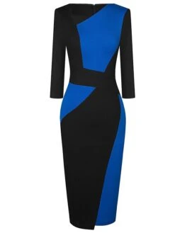 Women's Work Dress Sheath Dress Semi Formal Dress Fashion Midi Dress Patchwork V Neck 3/4 Length Sleeve Color Block Regular Fit Black Red Navy Blue Fall Winter S M L XL XXL -Tesla Style kqspyb1692610640844