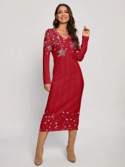 Women's Christmas Dress Sweater Dress Jumper Dress Midi Dress Warm Snowflake Outdoor Christmas Daily Holiday V Neck Long Sleeve 2023 Regular Fit Red Blue Rose Red S M L XL XXL 3XL
