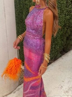 Women‘s Prom Dress Party Dress Homecoming Dress Sequin Dress Long Dress Maxi Dress Blue Purple Sleeveless Ombre Sequins Sparkly Glitter Spring Fall Winter Spaghetti Strap Fashion Wedding Guest -Tesla Style krjcql1693983148295