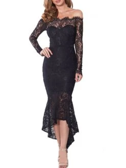 Women‘s Cocktail Party Dress Wedding Guest Dress Lace Dress Midi Dress Black White Wine Long Sleeve Pure Color Lace Winter Fall Autumn Off Shoulder Elegant Winter Dress Fall Dress 2023 S M L XL -Tesla Style krzjex1635409558574