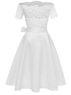 Women‘s Cocktail Party Dress Wedding Guest Dress Black Dress Knee Length Dress White Pink Wine Short Sleeve Pure Color Lace Fall Spring Off Shoulder 2023 S M L XL XXL -Tesla Style krzzwk1659514648232