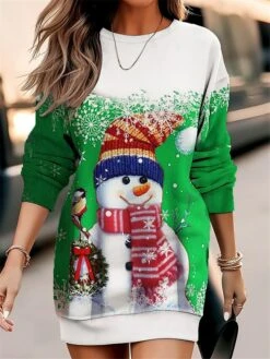 Women's Christmas Casual Dress Sweatshirt Dress Mini Dress Warm Fashion Outdoor Vacation Crew Neck Print Snowman Loose Fit Pink Red Green S M L XL XXL -Tesla Style ksewur1695365421854