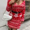 Women‘s Christmas Sweater Dress Jumper Dress Winter Dress Warm Geometric Tree Print Outdoor Christmas Casual Daily V Neck Long Sleeve 2023 Loose Fit Red S M L XL -Tesla Style ksjqnr1694165712577
