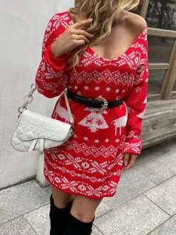 Women‘s Christmas Sweater Dress Jumper Dress Winter Dress Warm Geometric Tree Print Outdoor Christmas Casual Daily V Neck Long Sleeve 2023 Loose Fit Red S M L XL