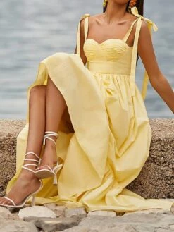 Women's Party Dress Wedding Guest Dress Swing Dress Long Dress Maxi Dress Yellow Sleeveless Pure Color Ruched Summer Spring Spaghetti Strap Party Birthday Wedding Guest Vacation Slim 2023 S M L XL -Tesla Style ksxzon1683618536660