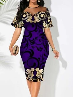 Women‘s Sheath Dress Midi Dress Purple Short Sleeve Floral Print Spring Summer Crew Neck Work 2023 S M L XL XXL 3XL
