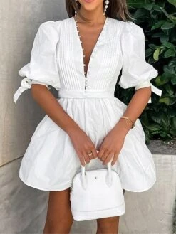 Women's Work Dress Casual Dress White Dress Fashion Daily Puff Sleeve Mini Dress Ruched Button V Neck 3/4 Length Sleeve Plain Regular Fit White Fall Winter S M L -Tesla Style ktfrxc1695645259465