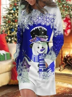 Women's Christmas Casual Dress Sweatshirt Dress Mini Dress Warm Fashion OutdoorHoliday Crew Neck Pocket Print Snowman Snowflake Loose Fit Red Purple Green S M L XL XXL -Tesla Style ktioxd1695644539248
