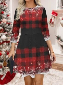 Women‘s Christmas Sweater Dress Jumper Dress Winter Dress Warm Plaid Snowflake Outdoor Christmas Daily Holiday Crew Neck Long Sleeve 2023 Regular Fit Wine Purple Green S M L XL XXL 3XL -Tesla Style ktkuir1695620952002